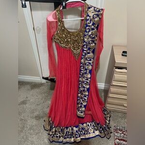Elegant Red and Blue Embellished Dress